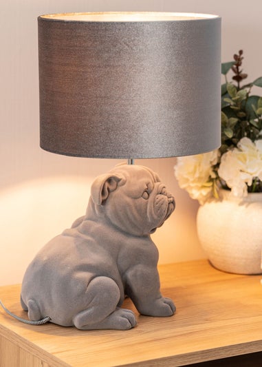 ValueLights Billy Grey Velvet Bulldog Table Lamp (46.5cm x 28cm x 28cm)