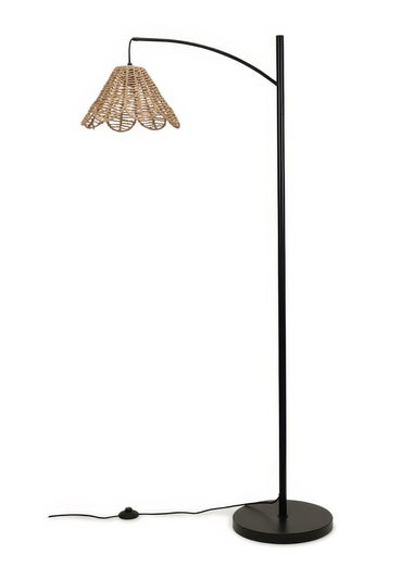 ValueLights Preto Black Metal Floor Lamp Rattan Flower Shade (157cm x 32cm)