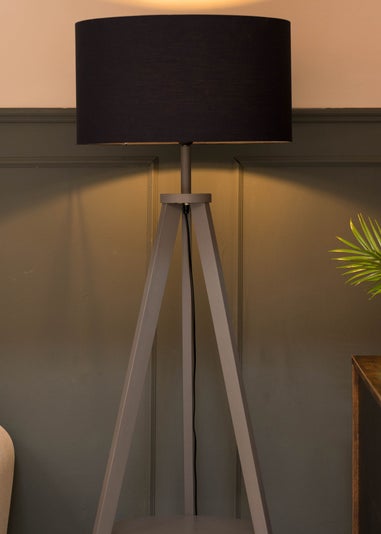 ValueLights Morrigan Grey Wood Tripod Floor Lamp Navy Shade (147cm x 45cm)