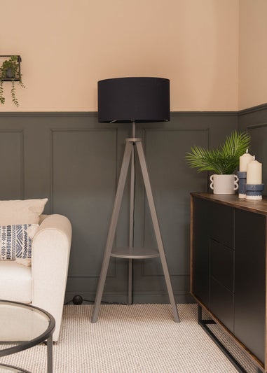 ValueLights Morrigan Grey Wood Tripod Floor Lamp Navy Shade (147cm x 45cm)