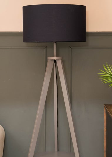 ValueLights Morrigan Grey Wood Tripod Floor Lamp Navy Shade (147cm x 45cm)