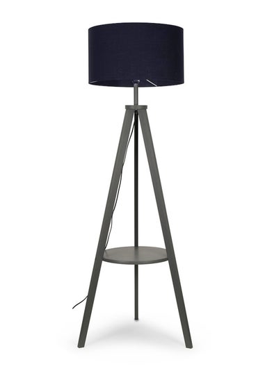 ValueLights Morrigan Grey Wood Tripod Floor Lamp Navy Shade (147cm x 45cm)