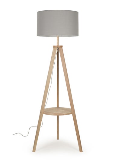 ValueLights Morrigan Light Wood Tripod Floor Lamp Grey Shade (147cm x 45cm)