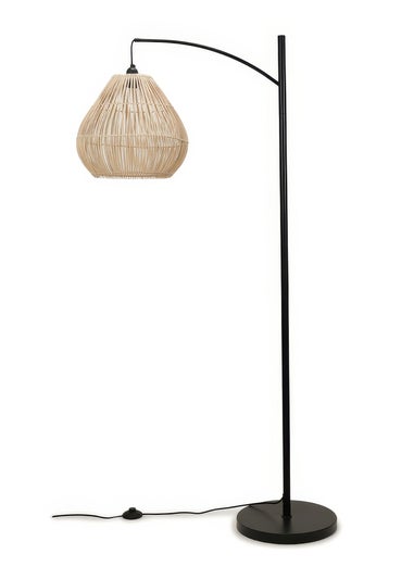 ValueLights Preto Black Metal Floor Lamp Rattan Teardrop Shade (157cm x 33cm)