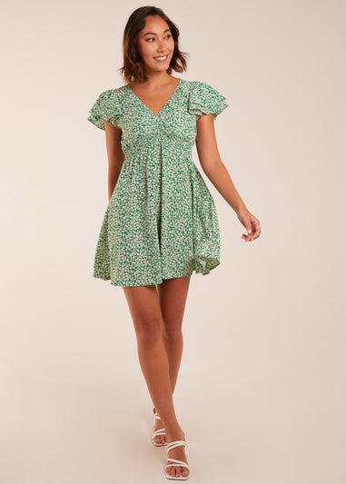 Blue Vanilla Green Double Ruffle Empire Shirred Mini Dress