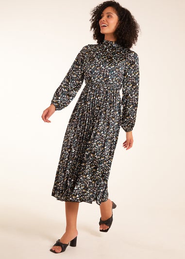 Blue Vanilla Teal Abstract Animal Print High Neck Blouson Midi Dress