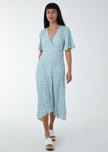 Blue Vanilla Green Angel Sleeves Wrap Midi Dress