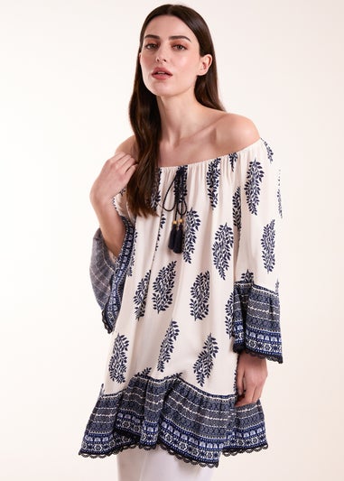 Blue Vanilla Blue Mix Print Bardot With Tassel Dress