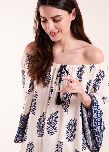 Blue Vanilla Blue Mix Print Bardot With Tassel Dress