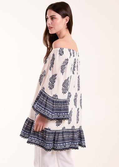 Blue Vanilla Blue Mix Print Bardot With Tassel Dress