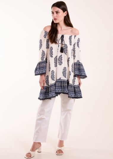 Blue Vanilla Blue Mix Print Bardot With Tassel Dress