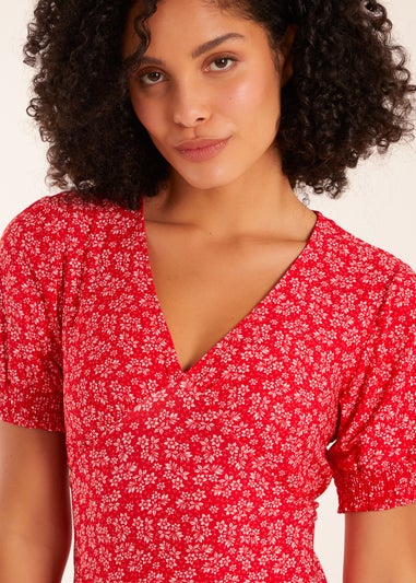 Blue Vanilla Red Shirring Cuff Sleeve Tea Dress