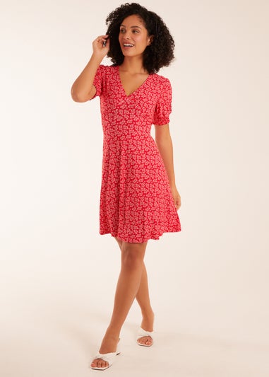 Blue Vanilla Red Shirring Cuff Sleeve Tea Dress