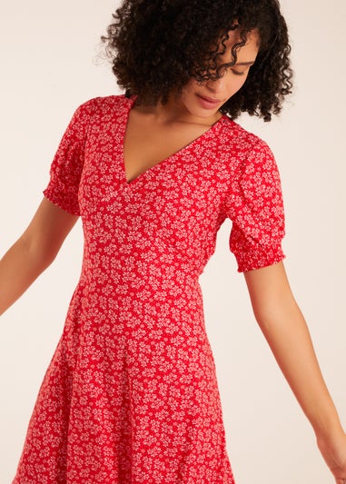 Blue Vanilla Red Shirring Cuff Sleeve Tea Dress