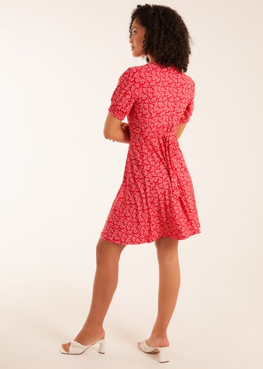 Blue Vanilla Red Shirring Cuff Sleeve Tea Dress