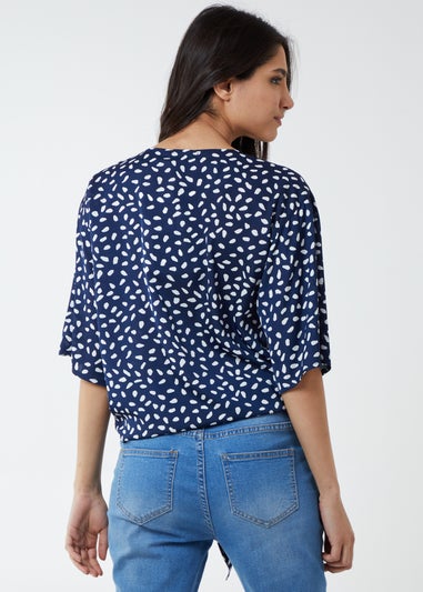 Blue Vanilla Navy Abstract Spot Tie Front Batwing Top