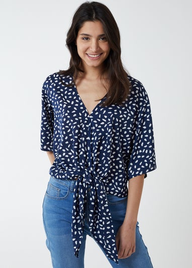 Blue Vanilla Navy Abstract Spot Tie Front Batwing Top