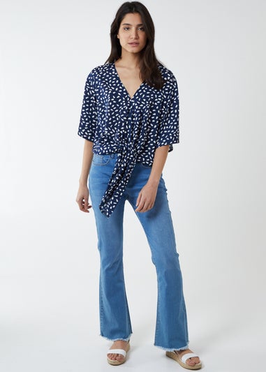 Blue Vanilla Navy Abstract Spot Tie Front Batwing Top