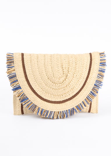 Blue Vanilla Stone Woven Fringe Detail Clutch Bag With Attachable Strap