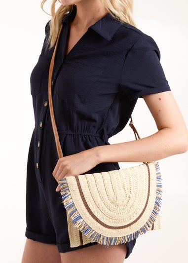 Blue Vanilla Stone Woven Fringe Detail Clutch Bag With Attachable Strap