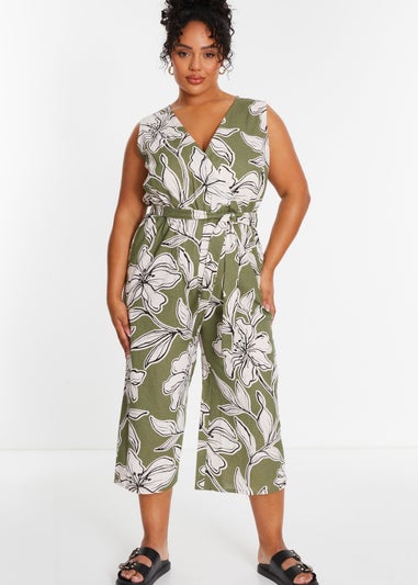 Quiz Green Curve Tropical Print Wrap Jumpsuit