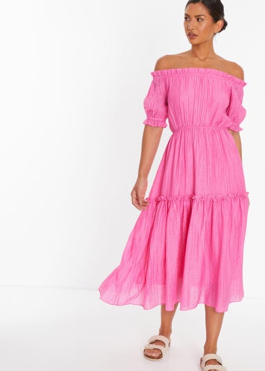 Quiz Pink Textured Bardot Midi Dress