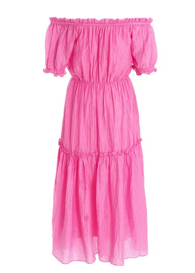 Quiz Pink Textured Bardot Midi Dress