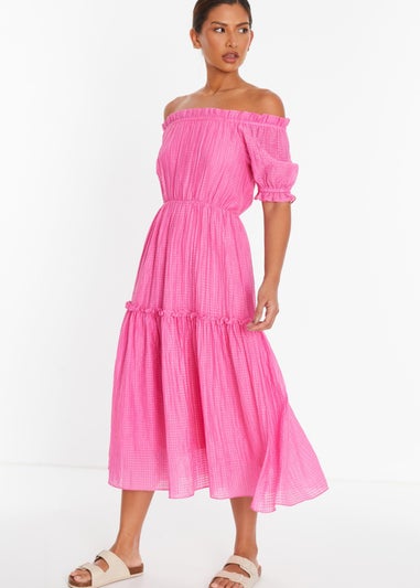 Quiz Pink Textured Bardot Midi Dress