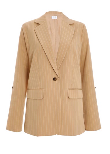 Quiz Camel Pinstripe Ruched Sleeve Blazer