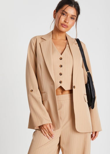 Quiz Camel Pinstripe Ruched Sleeve Blazer