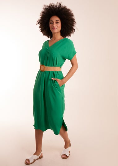 Blue Vanilla Green Belted V neck Midi Dress