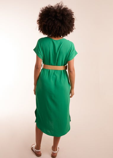 Blue Vanilla Green Belted V neck Midi Dress