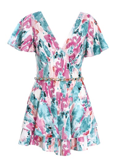 Quiz Multi Marble Print Satin Playsuit