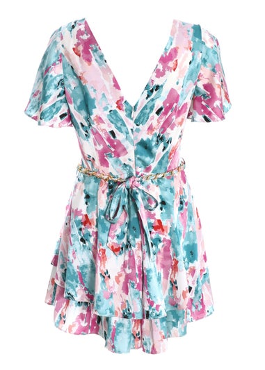 Quiz Multi Marble Print Satin Playsuit