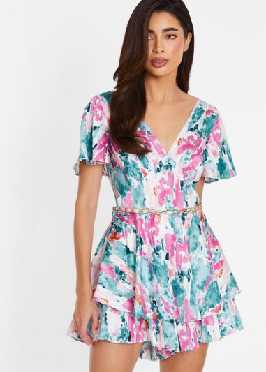 Quiz Multi Marble Print Satin Playsuit