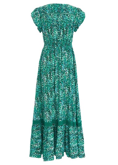 Quiz Green Leopard Print Crochet Trim Maxi Dress