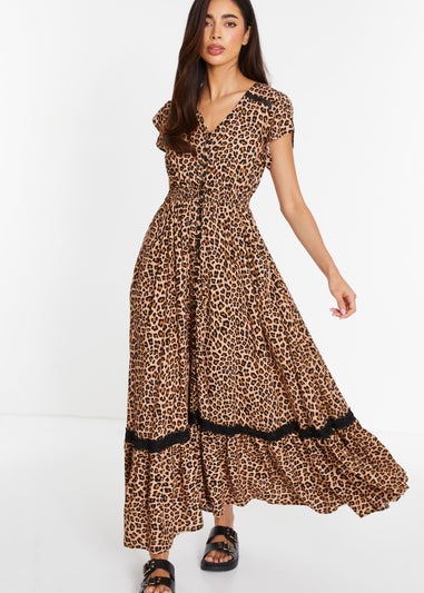 Quiz Multi Leopard Print Crochet Trim Maxi Dress