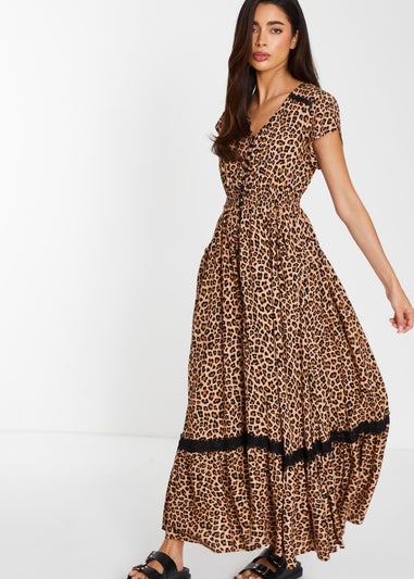 Quiz Multi Leopard Print Crochet Trim Maxi Dress