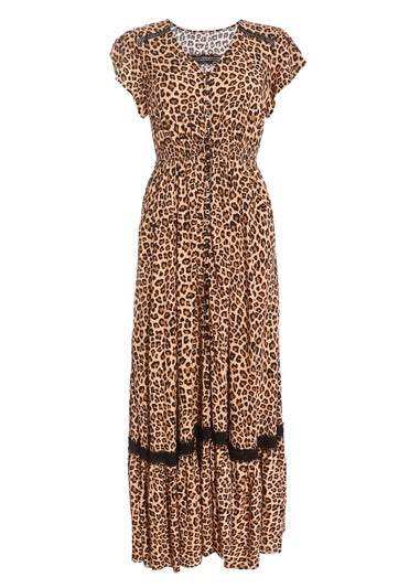 Quiz Multi Leopard Print Crochet Trim Maxi Dress