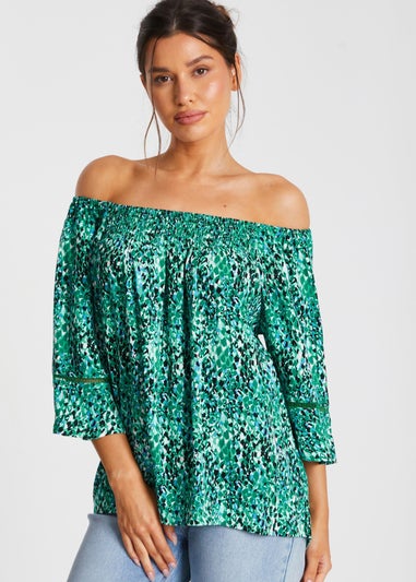 Quiz Green Leopard Print Bardot Top