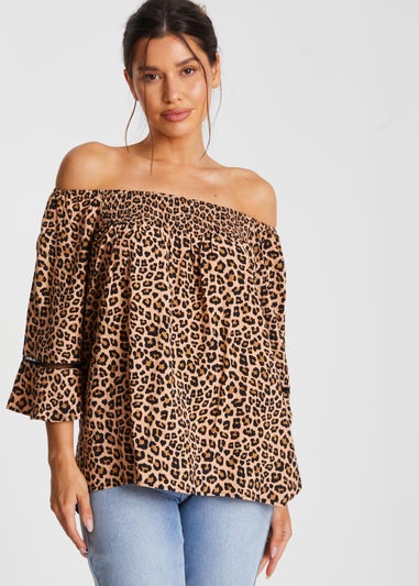 Quiz Stone Leopard Print Bardot Top