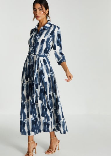 Quiz Navy Brush Stroke Midi Shirt Dress