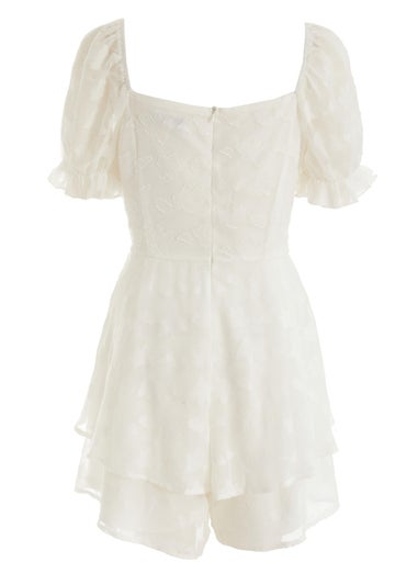 Quiz White Floral Jacquard Tiered Playsuit