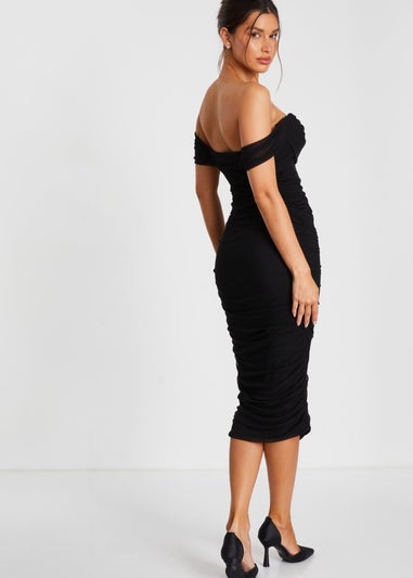 Quiz Black Mesh Bardot Ruched Midi Dress