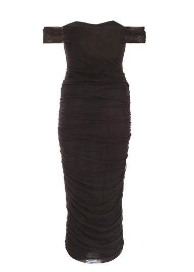 Quiz Black Mesh Bardot Ruched Midi Dress