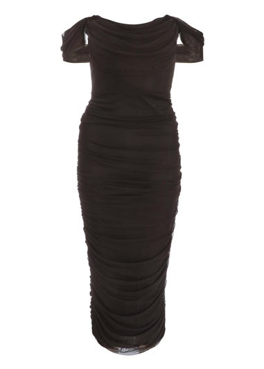 Quiz Black Mesh Bardot Ruched Midi Dress