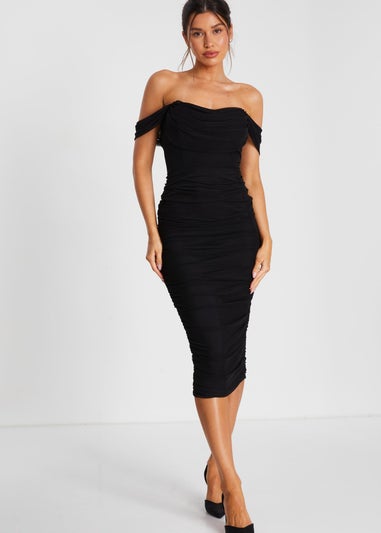 Quiz Black Mesh Bardot Ruched Midi Dress