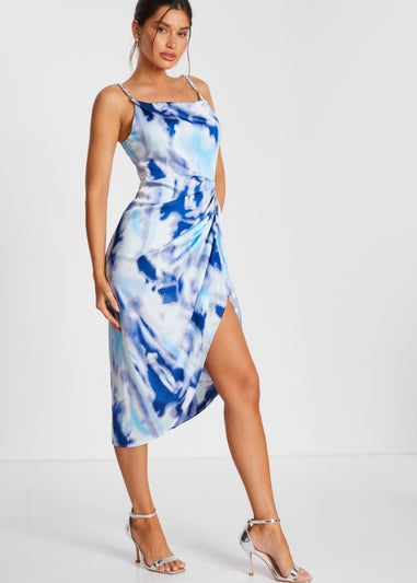 Quiz Blue Satin Marble Print Ruched Midi Dress