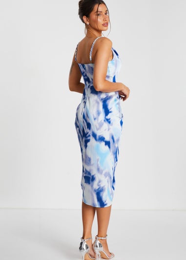 Quiz Blue Satin Marble Print Ruched Midi Dress