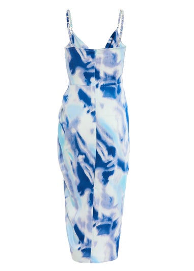 Quiz Blue Satin Marble Print Ruched Midi Dress